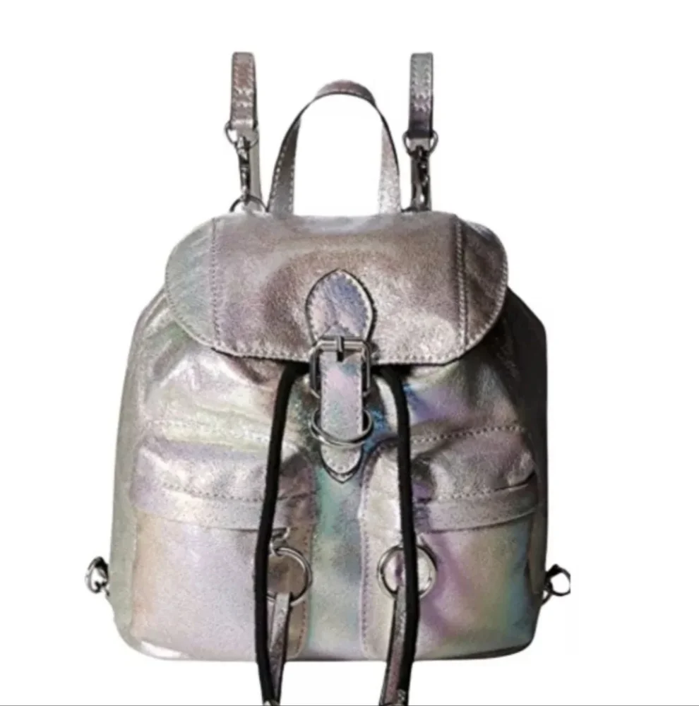 Aldo Mini Backpack Shiny Silver Faux Leather Bag 90s Rave Metallic Bag